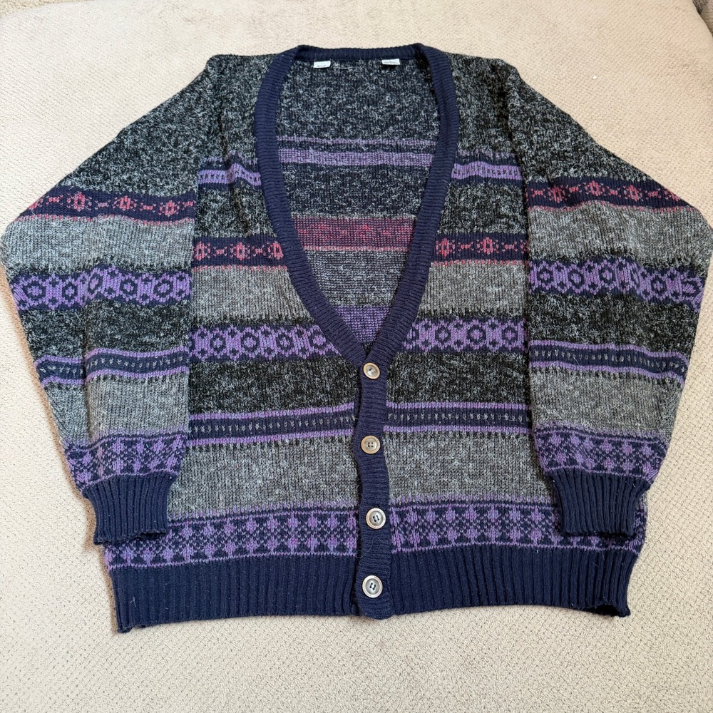 Vintage 1990s Patterned Knit Cardigan Sweater XL Purple Grey Geometric Retro